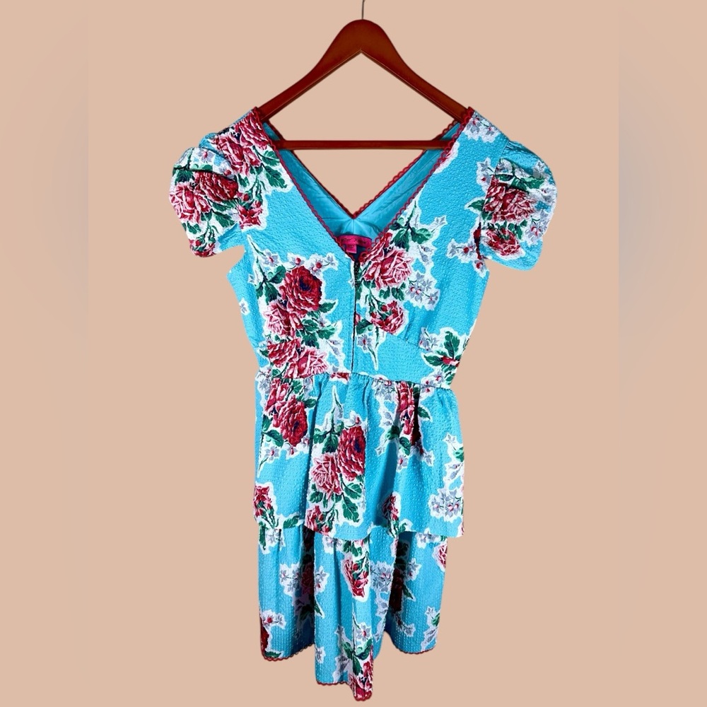 Betsey Johnson Teal Blue Floral Babydoll Tiered seersucker Tea Dress - Picture 5 of 10
